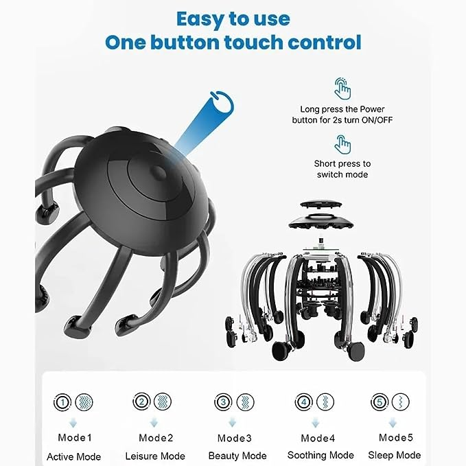 Cordless Electric Scalp & Head Massager– 3 Modes 360° Touch-Button – Portable Stress Relief.